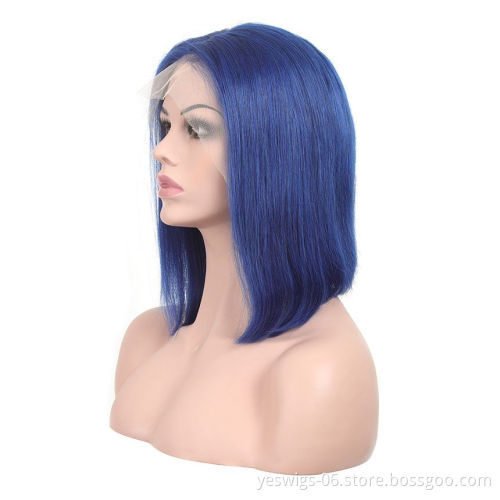 Wholesale Blue Short Bob Wig Brazilian Human Hair Colored Lace Front Wigs for Black Women